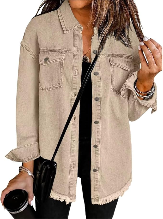 Gabriella denim jacket in Brown colorway displayed on a model from the front