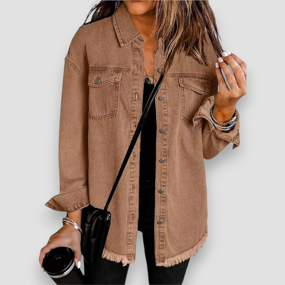 Gabriella denim jacket in Black colorway on a model, featuring subtle detailing and relaxed fit