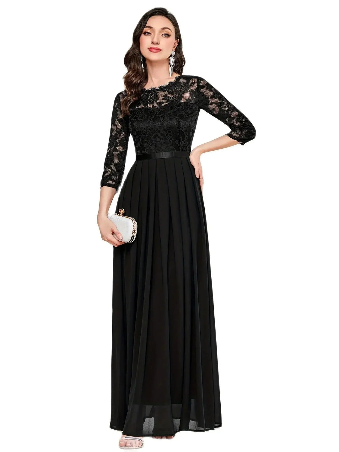 Side view of black lace quarter-sleeve formal maxi dress highlighting pleated drape