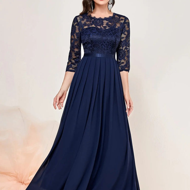 Back view of black formal lace pleated maxi dress with 3/4 sleeves