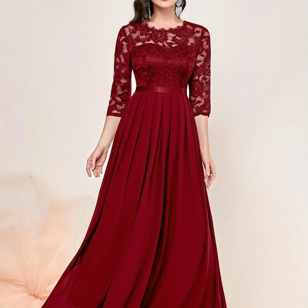 Flat lay of lace pleated quarter-sleeve maxi dress showing color options green blue black red