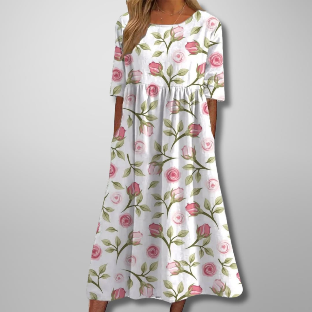 Floral midi dress in multiple color options including Navy Blue, Mint Green, and Lavender laid flat