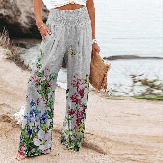 Multicolor 2 floral wide-leg high-waist pants showing waistband detail, close-up view