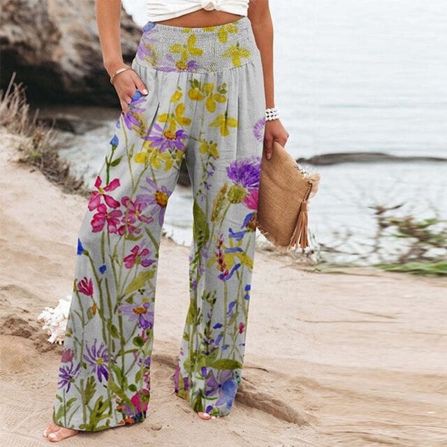 Purple meadow floral wide-leg pants styled with neutral blouse, casual summer outfit