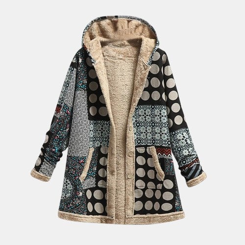 Woman wearing a multicolor dotted structured jacket with a flattering, elongated silhouette