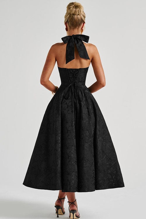 White halterneck jacquard maxi dress with defined waist and full flared skirt