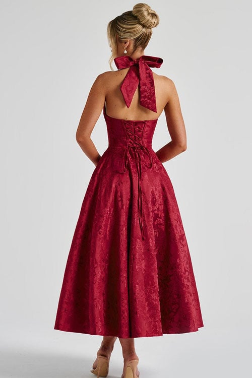 Wine red V-neck sleeveless jacquard maxi dress styled for a wedding guest look