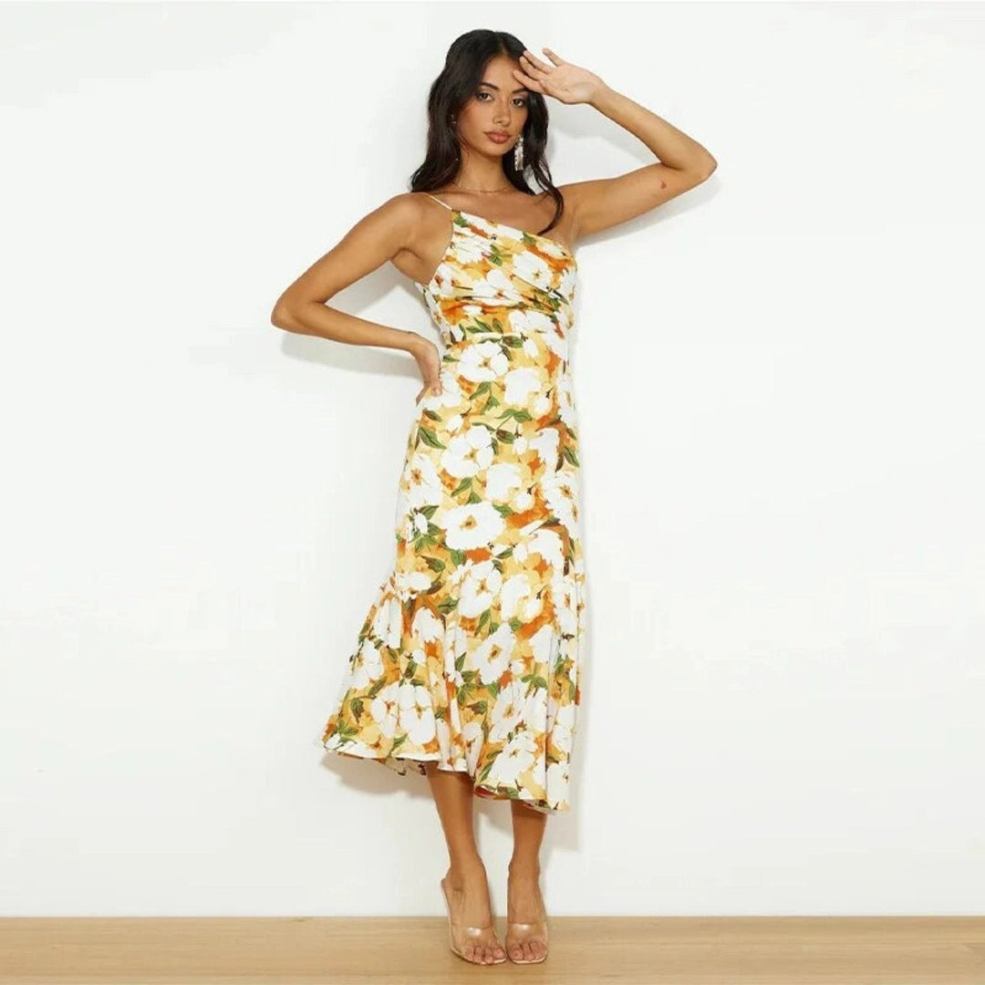 Genevieve floral asymmetric midi dress in green styled with strappy sandals