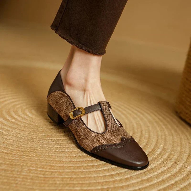 Detail shot of brogue wingtip scalloped edging on Cosima Mary Jane toe cap