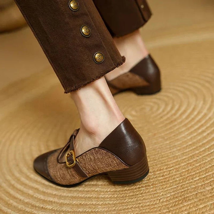 Rear view of Cosima low block heel Mary Jane shoes in black and brown