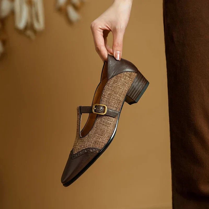 Cosima Mary Jane shoes styled with a flowy midi dress on a model