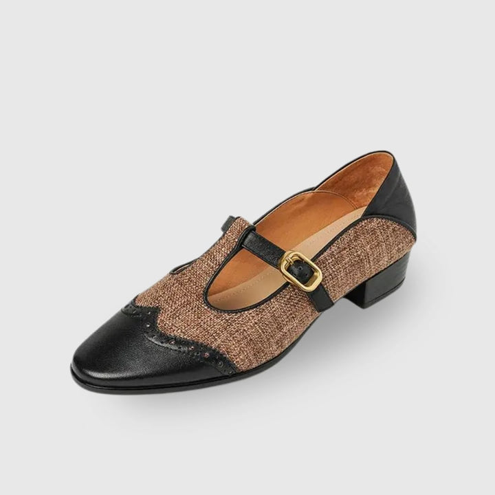 Top-down view of Cosima two-tone T-strap Mary Janes showing full upper detail