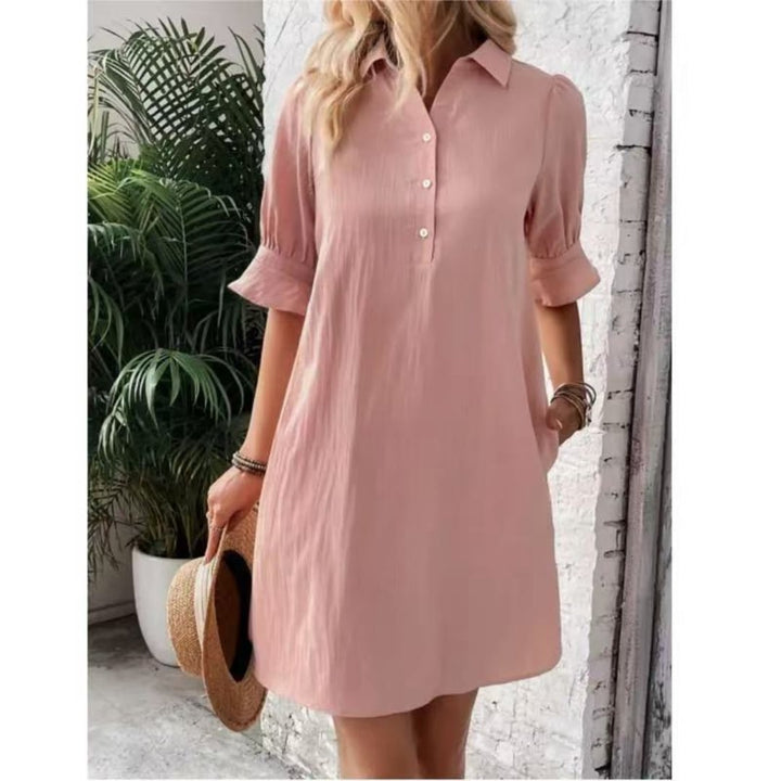 Close-up detail of the classic button-down front and collar on the Georgia elegance dress