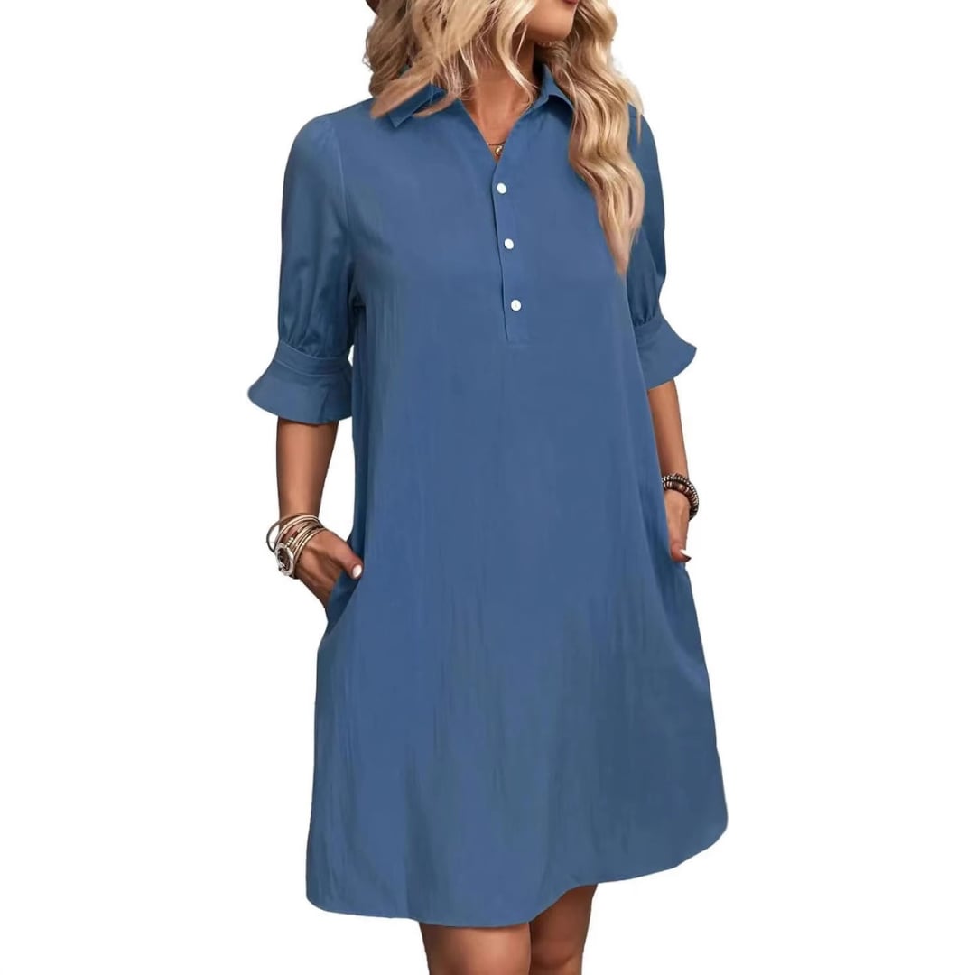 Georgia dress in aqua green colorway, full-length front view on a model
