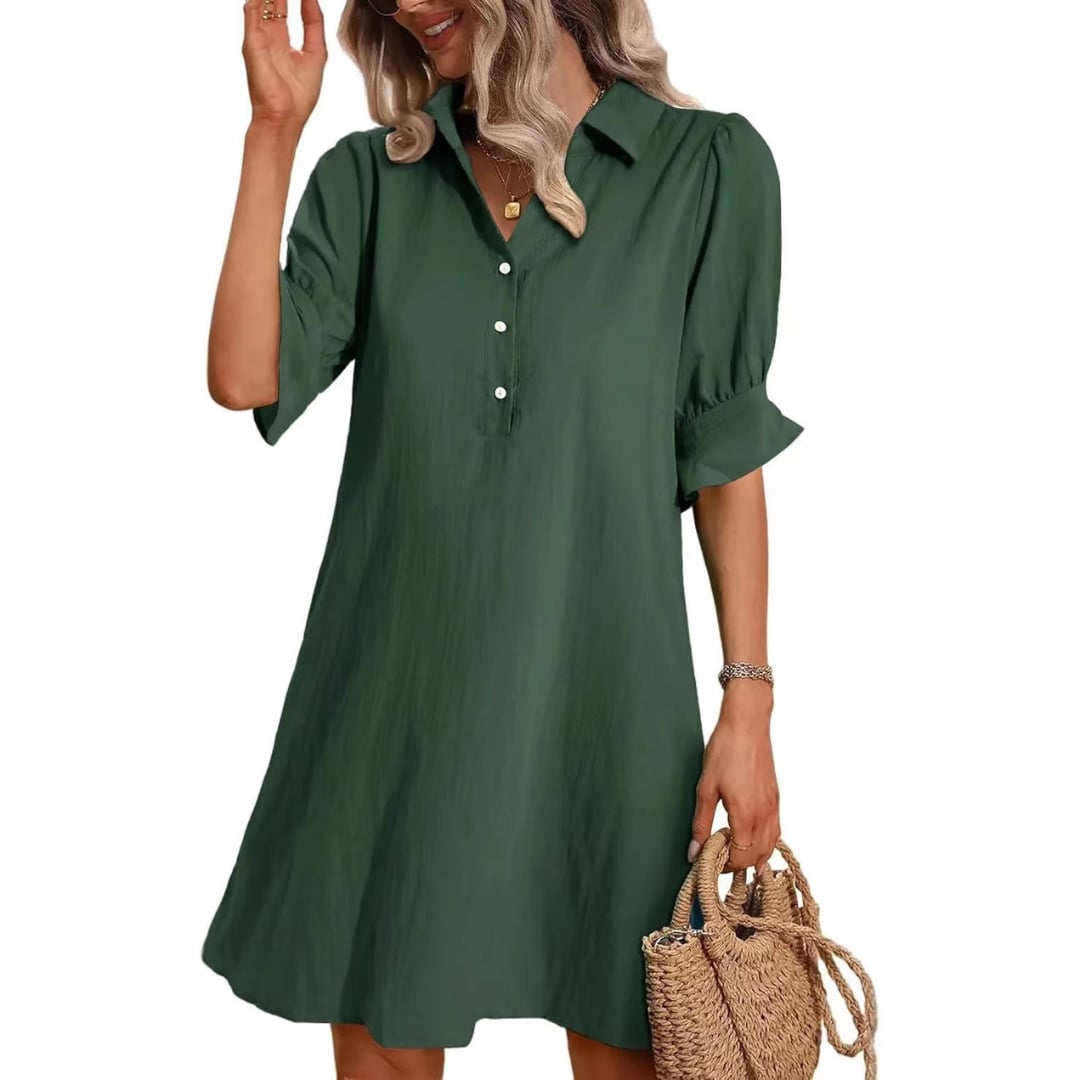 Georgia button-down dress in navy blue, styled casually for an everyday look