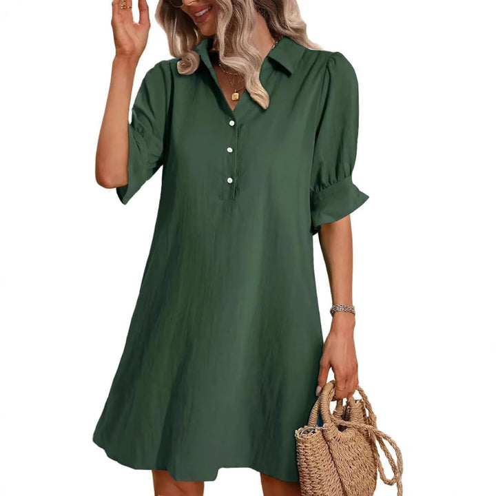 Georgia button-down dress in navy blue, styled casually for an everyday look
