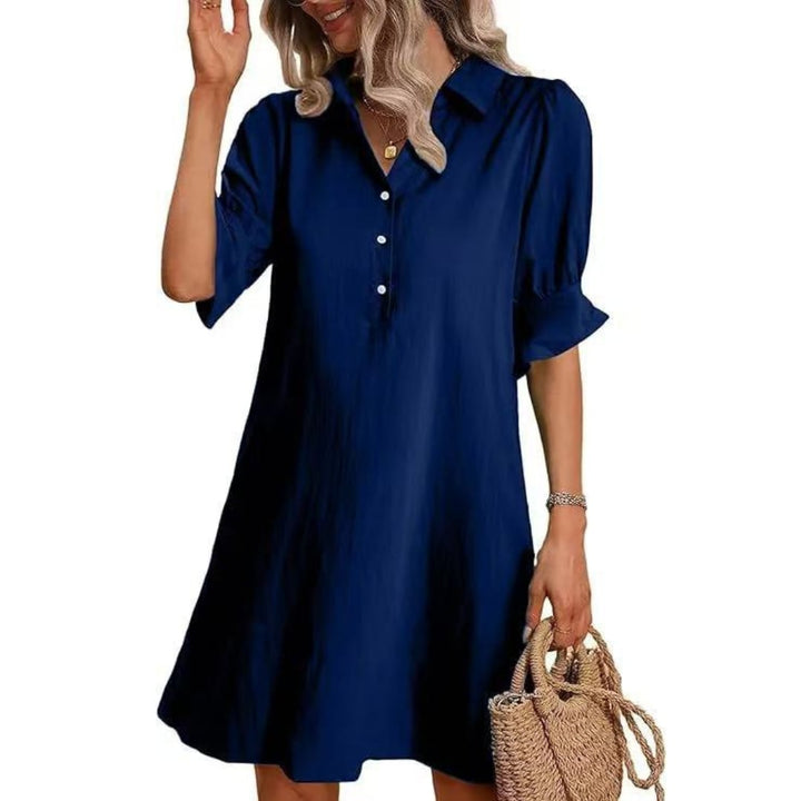 Flat lay of the Georgia shirt dress in multiple color options including red, blue, and gray blue