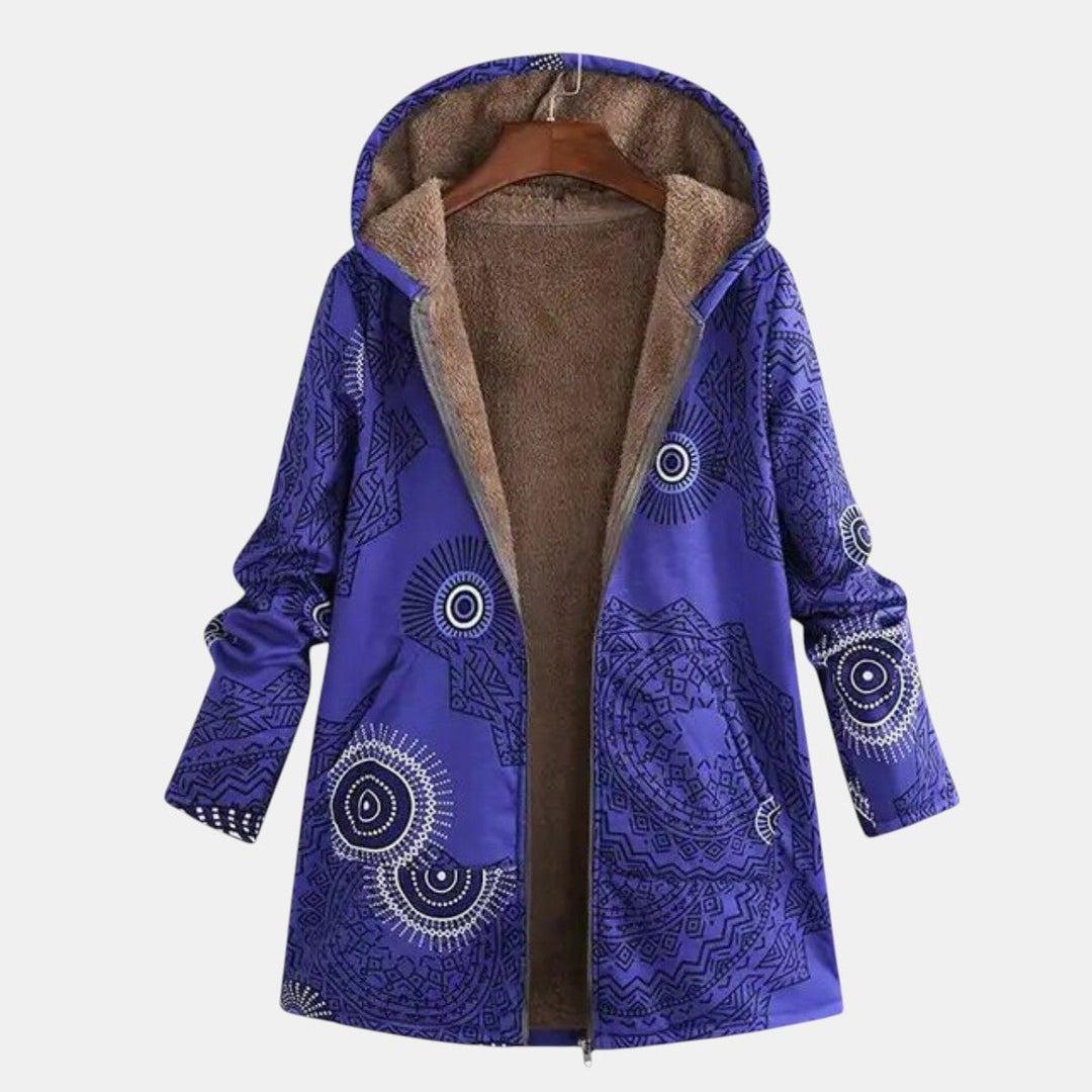 Blue mandala print hoodie with a relaxed, figure-flattering silhouette, shown from the front