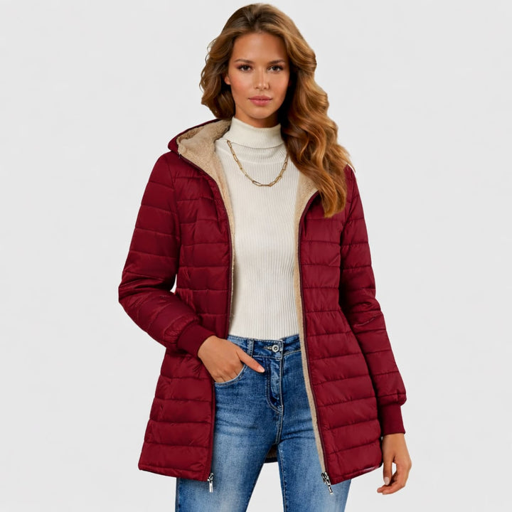 Geraldine sherpa-lined coat displayed in multiple color options: gray, black, blue, green, and red