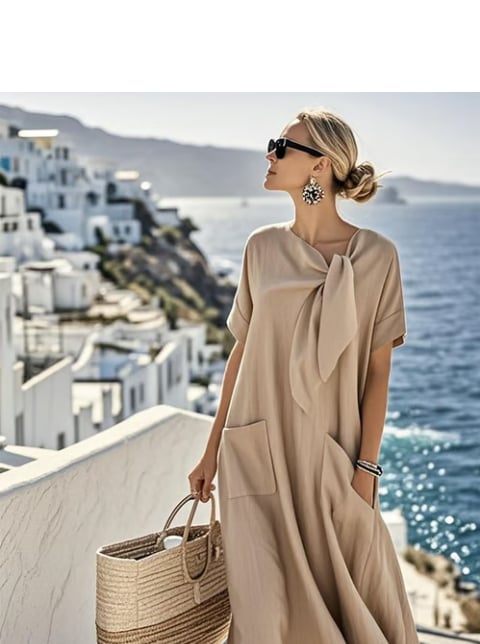 Front view of the Geraldine tie-neck dress showing the chic bow neckline detail and flowy silhouette