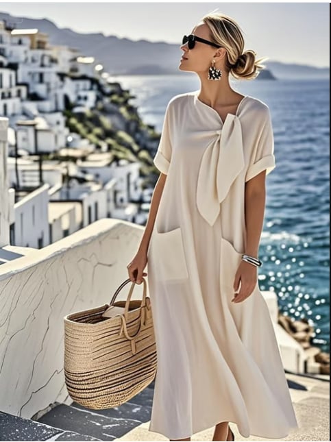 Side view of the Geraldine relaxed dress highlighting the comfortable fit and midi length