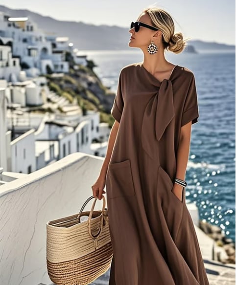 Full-length view of the Geraldine dress in a warm-weather outdoor setting, showing the relaxed silhouette