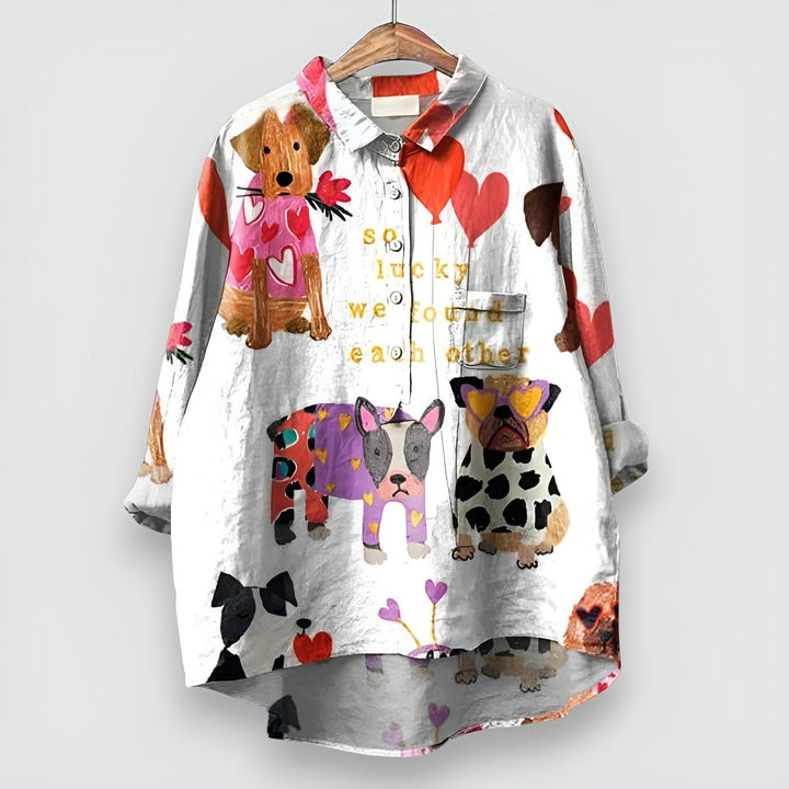 Back view of the women's relaxed-fit dog print shirt showing the full print pattern