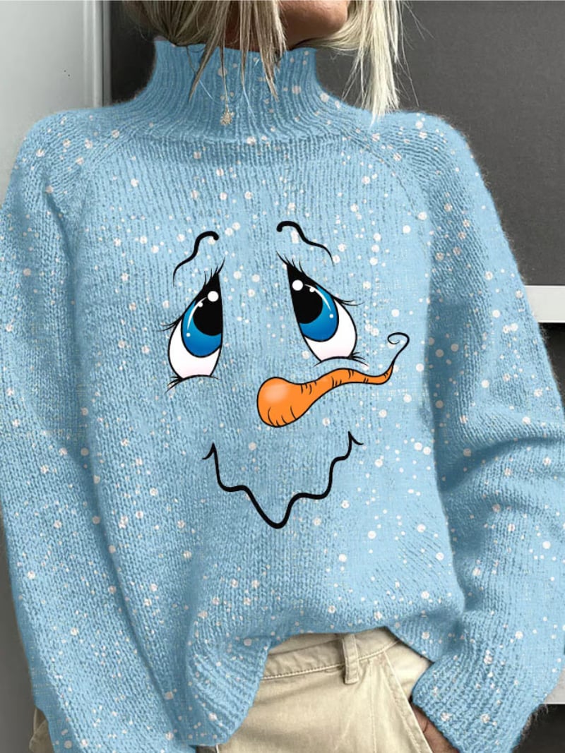 Woman wearing a blue Christmas sweater with a festive holiday pattern and flattering draped silhouette