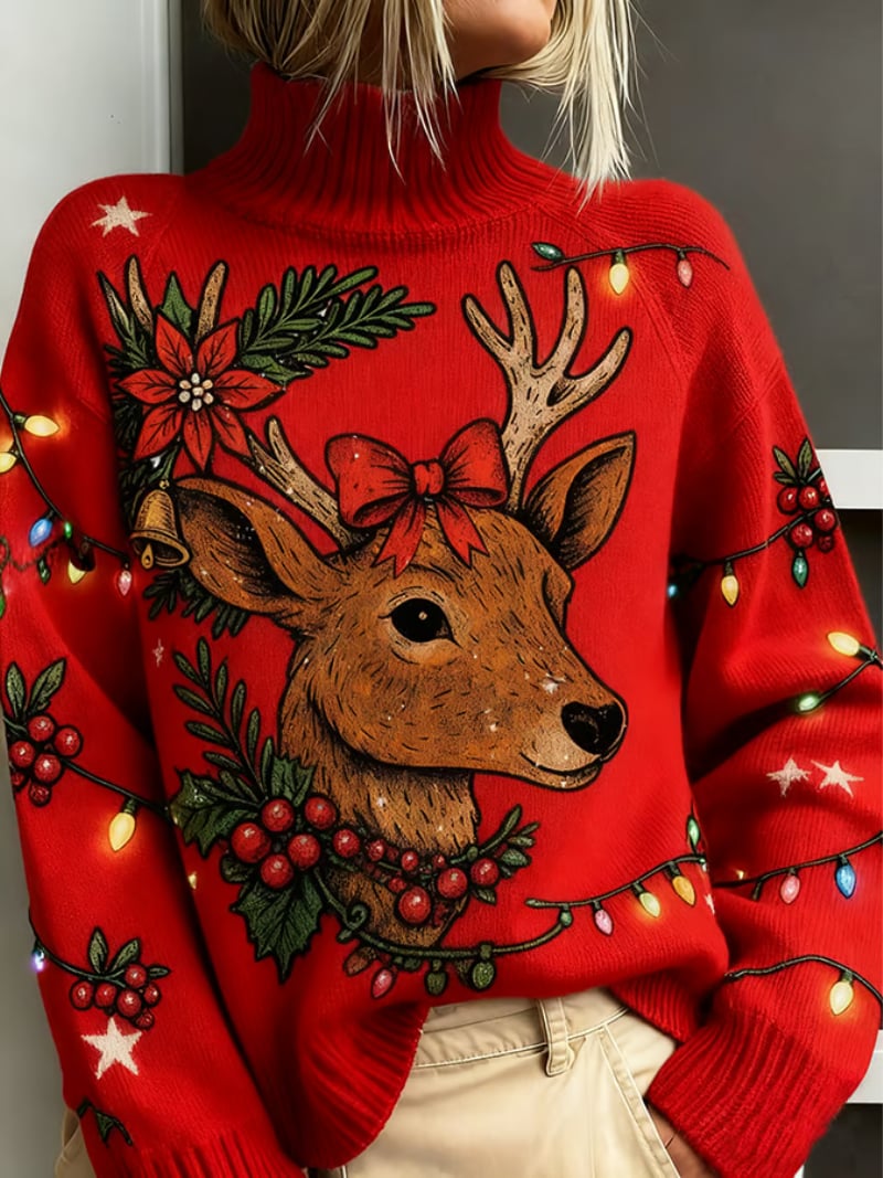 Woman wearing a cozy red Christmas sweater with a flattering, smooth silhouette perfect for holiday gatherings