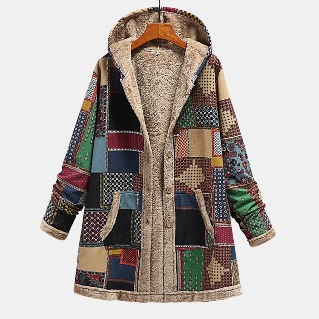 Woman wearing a cozy multicolor hooded jacket with a relaxed fit, ideal for casual everyday wear