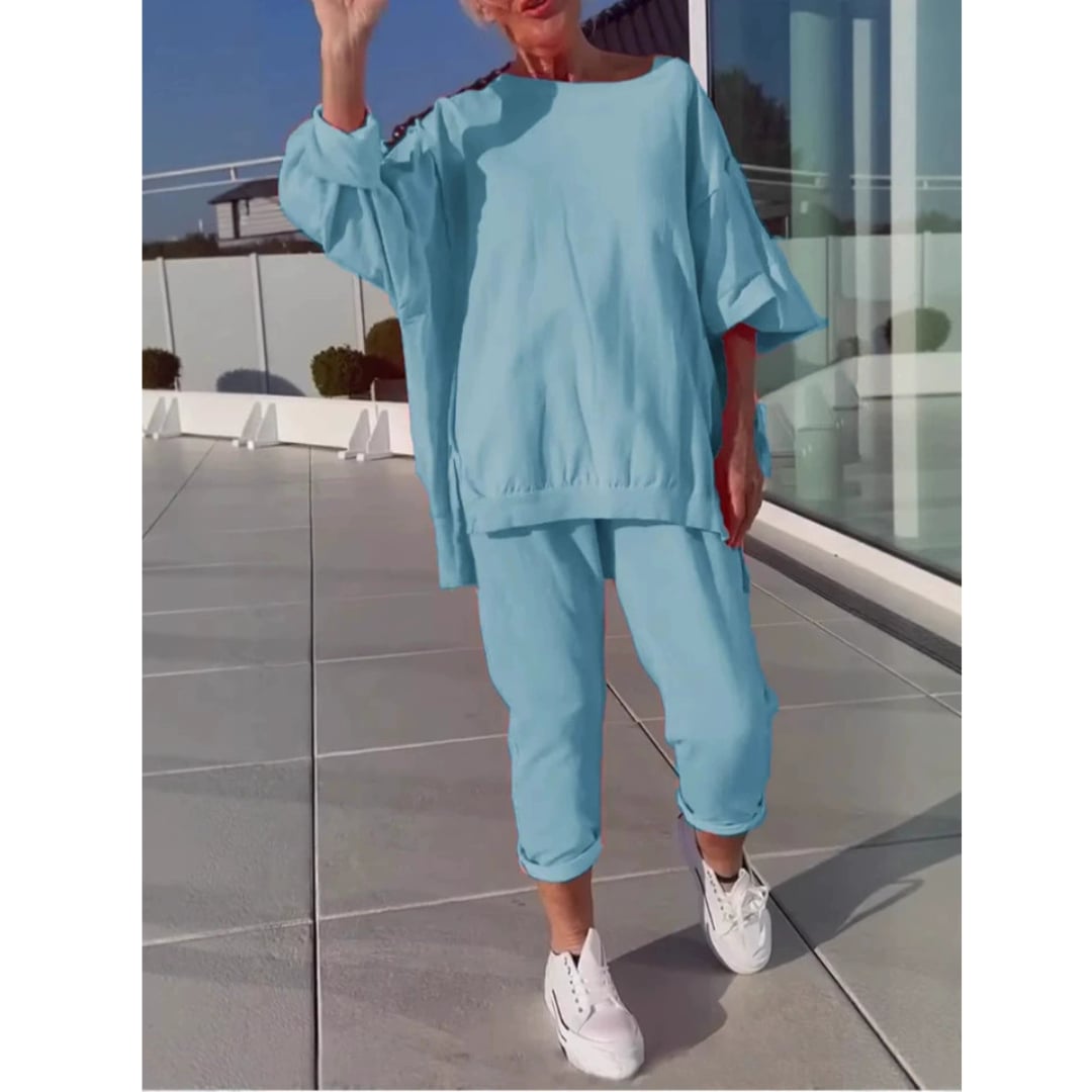 Front view of the Gilda lounge set in light blue showing the flattering relaxed silhouette