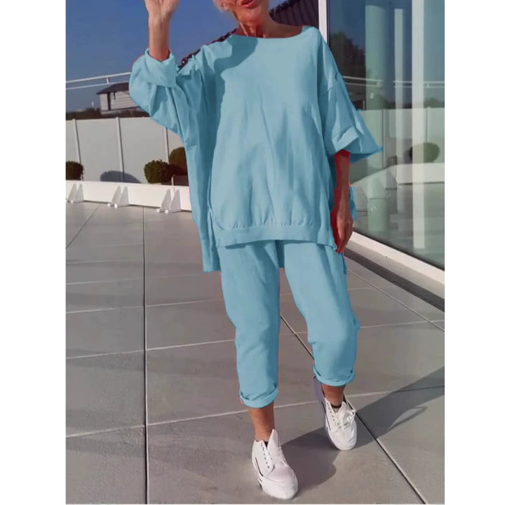 Front view of the Gilda lounge set in light blue showing the flattering relaxed silhouette