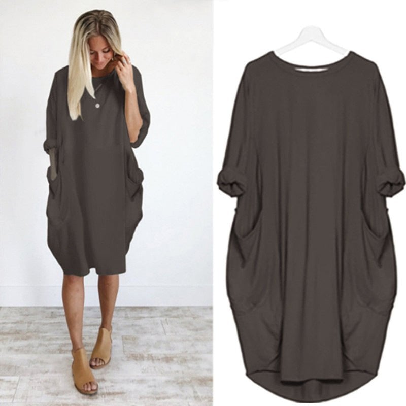 Gina elegant pocket dress laid flat showing available color options