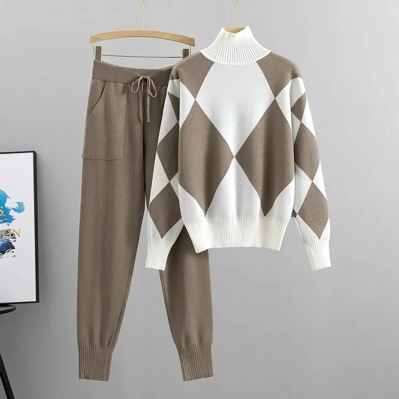 Model wearing the Giorgia elegant two-piece set in khaki, featuring a relaxed tailored fit