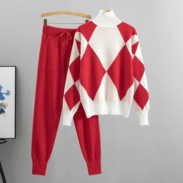 Giorgia two-piece set in blue shown on model with casual sneakers for a daytime outfit