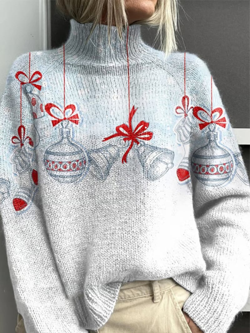 Woman wearing a grey classic Christmas sweater with a festive pattern, offering a cozy and flattering holiday look