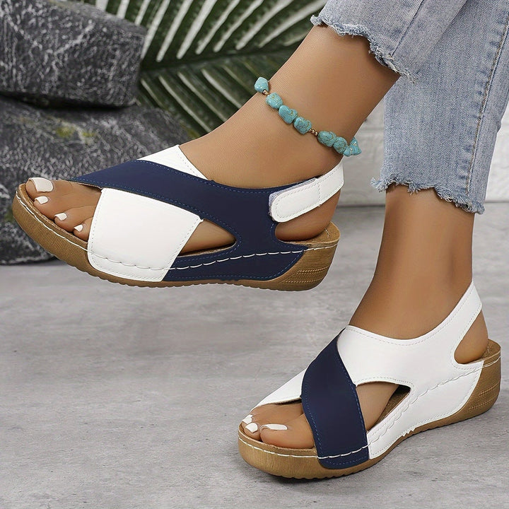 Giselle women's adjustable sandals in blue, side profile showing strap detail