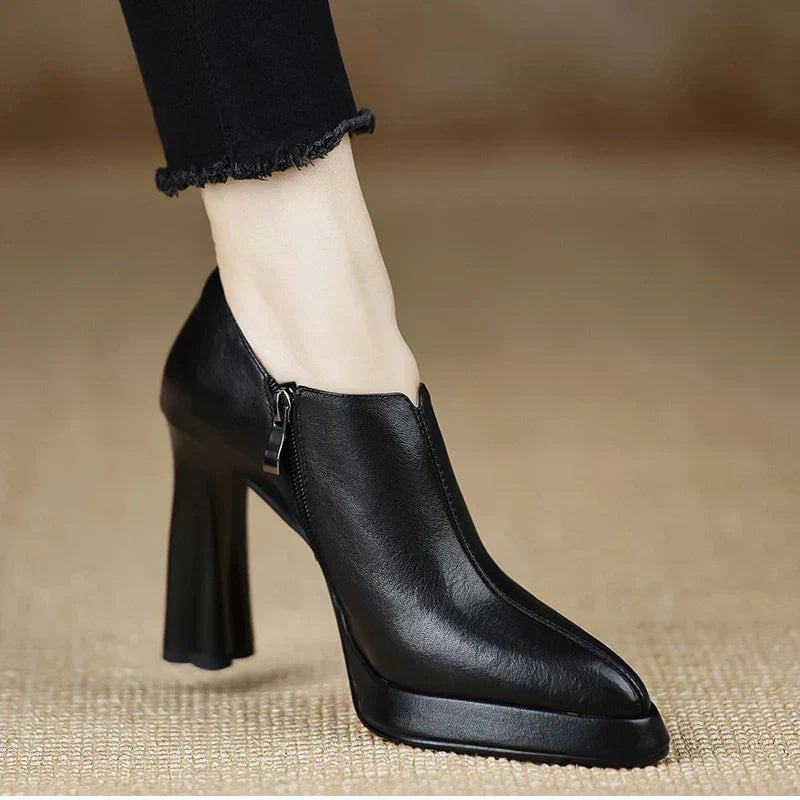 Giselle platform block heel pumps in brown, side profile highlighting ankle-high silhouette