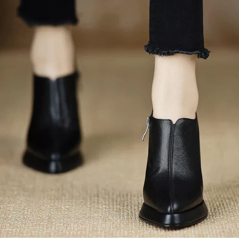 Giselle platform pumps in brown styled with tailored trousers, full-length lifestyle shot