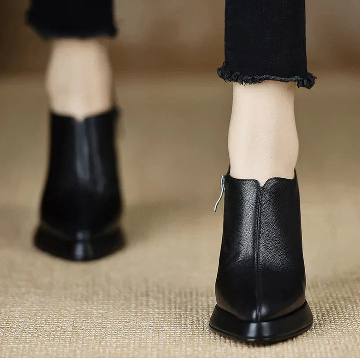 Giselle platform pumps in brown styled with tailored trousers, full-length lifestyle shot