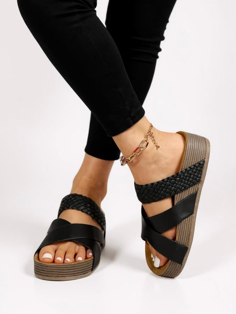 Glade woven platform cushioned sandals in brown with braided straps and cushioned insole, front view
