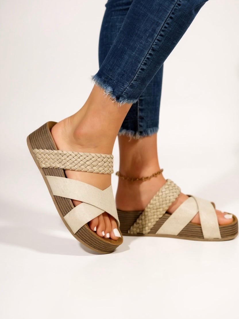 Glade woven platform sandals in white showing lightweight platform sole, side profile view