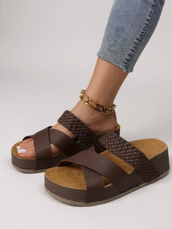 Glade cushioned platform sandals in beige worn on foot, showing fit and platform height