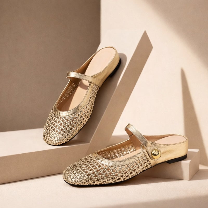 Goldie woven Mary Jane mule flat in gold with square toe and button strap, front view