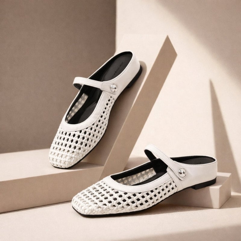 Goldie woven Mary Jane mule flat in gold, side profile showing open-weave texture