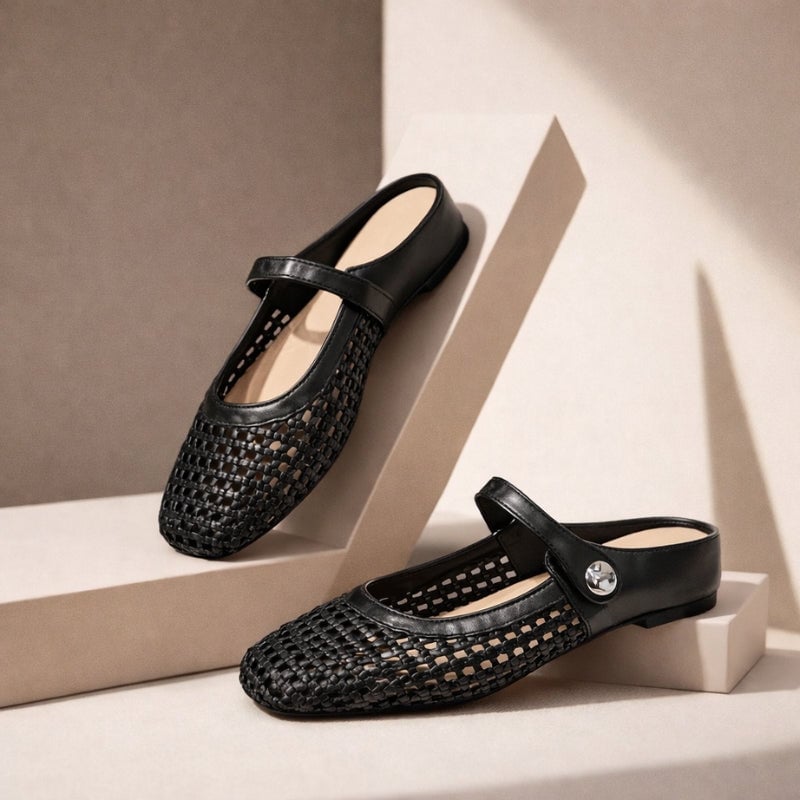 Goldie woven Mary Jane mule flat in gold, close-up of polished gold button closure
