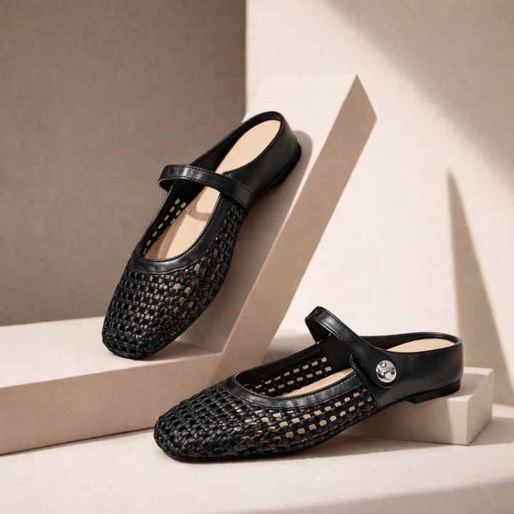 Goldie woven Mary Jane mule flat in gold, close-up of polished gold button closure
