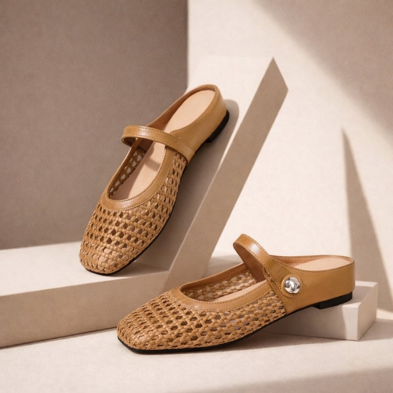 Goldie woven Mary Jane mule flat in white, front view on clean background
