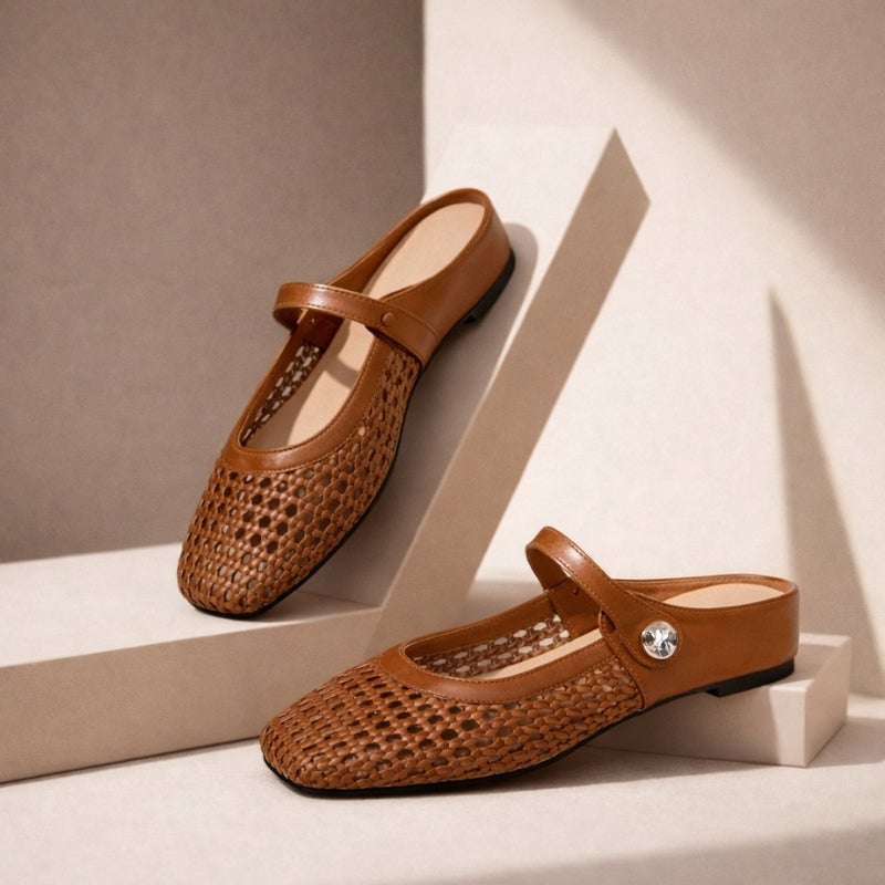 Goldie woven Mary Jane mule flat in silver, side view showing metallic sheen