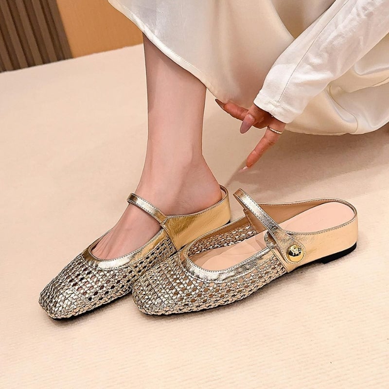 Goldie woven Mary Jane mule flat in black, front three-quarter view